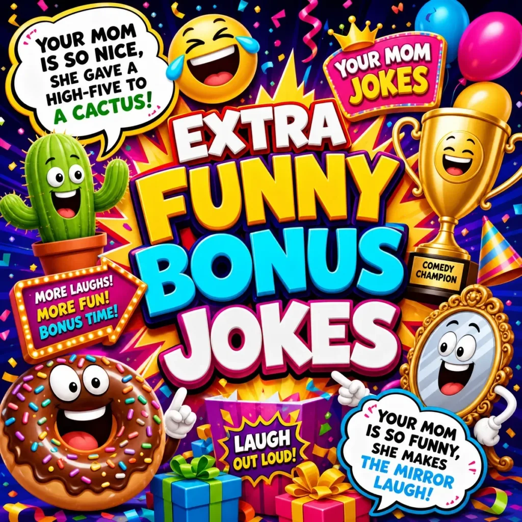  festive and hilarious 1200x1200px banner with explosive 3D text reading "EXTRA FUNNY BONUS JOKES". The design is filled with party elements like confetti, balloons, and gift boxes, along with cartoon icons of a giant donut, a laughing emoji, a golden trophy, and a talking cactus. Humorous "Your Mom" jokes are displayed in speech bubbles.