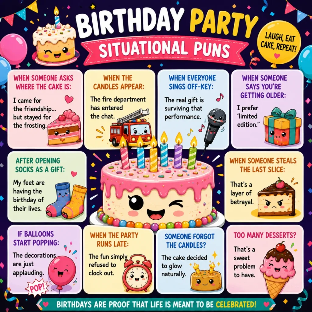 Colorful square illustration featuring a smiling birthday cake, balloons, candles, confetti, and funny birthday party situational puns in a playful cartoon style.