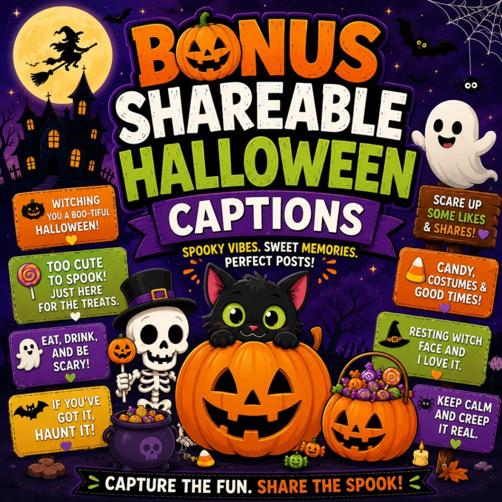 Square Halloween-themed graphic featuring smiling pumpkins, a friendly ghost, a cute black cat, a skeleton, candy buckets, bats, and shareable Halloween quote cards under the title “Bonus Shareable Halloween Captions.” The colorful design uses festive orange, purple, and green tones for a fun social media-inspired Halloween look.