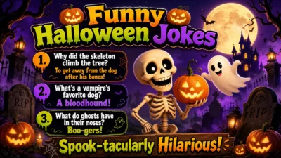 Smiling jack-o'-lantern pumpkins, friendly ghosts, bats, and witches celebrating Halloween while sharing funny jokes in a colorful spooky autumn scene.