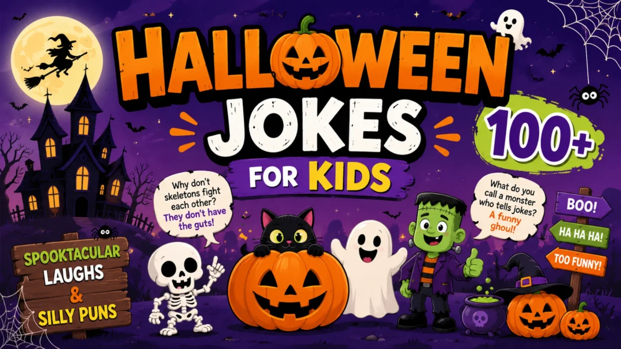 Colorful Halloween banner for kids featuring smiling pumpkins, a friendly ghost, a cute skeleton, a black cat, a cartoon Frankenstein, a haunted house, bats, and playful Halloween jokes under the title "Halloween Jokes for Kids: 100+ Spooktacular Laughs & Silly Puns."