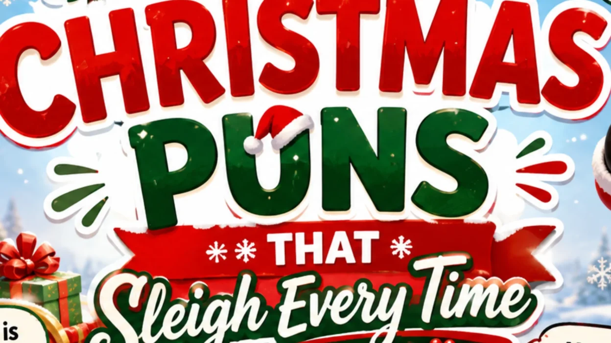 Funny Christmas humor infographic showing nine relatable holiday situations including gift shopping stress, tangled Christmas lights, family gatherings, holiday baking disasters, overspending, festive outfit regrets, nonstop Christmas music, late-night gift wrapping, and post-Christmas exhaustion in a colorful cartoon style.