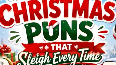 Funny Christmas humor infographic showing nine relatable holiday situations including gift shopping stress, tangled Christmas lights, family gatherings, holiday baking disasters, overspending, festive outfit regrets, nonstop Christmas music, late-night gift wrapping, and post-Christmas exhaustion in a colorful cartoon style.