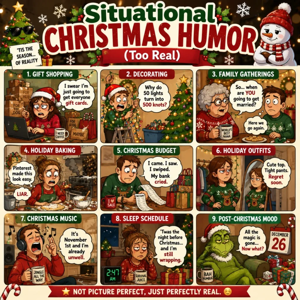 Colorful Christmas Instagram captions infographic featuring funny holiday puns, festive cartoon characters, Santa, a reindeer, gingerbread cookie, snowman, candy cane, Christmas tree, gifts, and holiday-themed social media captions designed for viral engagement.