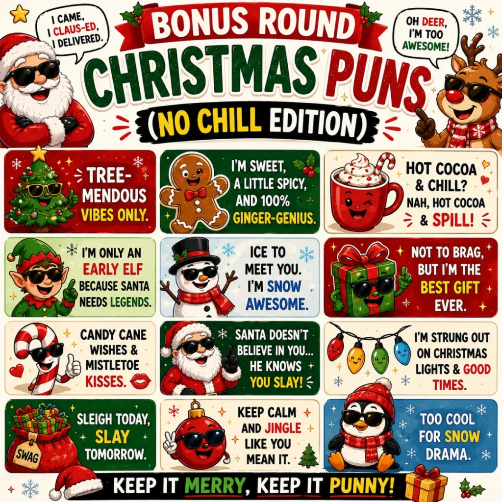 Funny Christmas puns infographic featuring festive cartoon characters including Santa Claus, a reindeer, elf, snowman, candy cane, hot cocoa mug, Christmas lights, ornaments, and gifts with humorous holiday wordplay and colorful seasonal graphics.