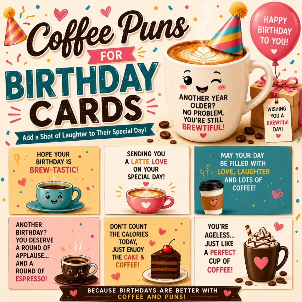 Colorful square graphic featuring coffee puns for birthday cards with smiling coffee cups, birthday balloons, gifts, cake, confetti, and humorous coffee-themed birthday messages on a festive background.