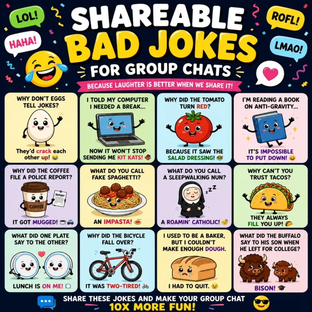 Shareable bad jokes poster featuring funny cartoon characters, silly puns, and family-friendly humor designed for group chats and social media sharing.