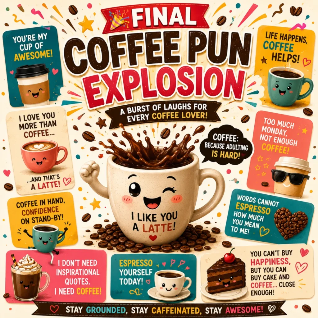 Colorful square illustration featuring a cheerful coffee mug surrounded by coffee beans, playful coffee puns, confetti, and humorous quote cards with the headline "Final Coffee Pun Explosion."