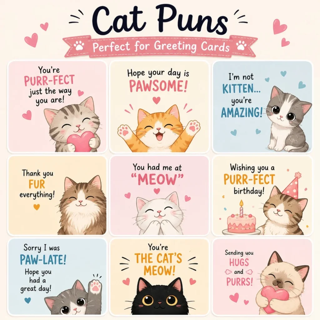 Cute illustrated greeting card featuring cartoon cats with humorous puns like “You’re Purr-fect!” and “Have a Meow-velous Day!” in a colorful kawaii style.