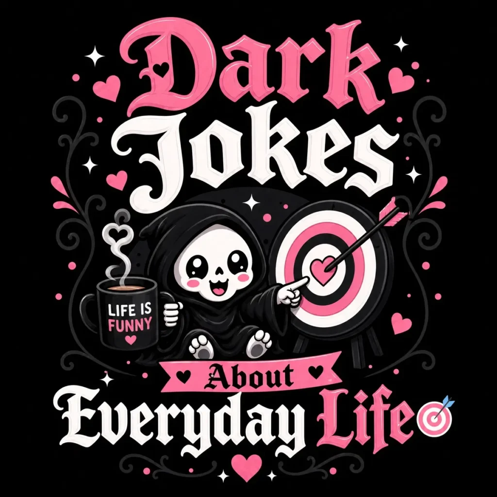 Eye-catching dark jokes graphic featuring clever comedy, funny one-liners, laughing emojis, and bold text on a stylish dark background designed for humor content.