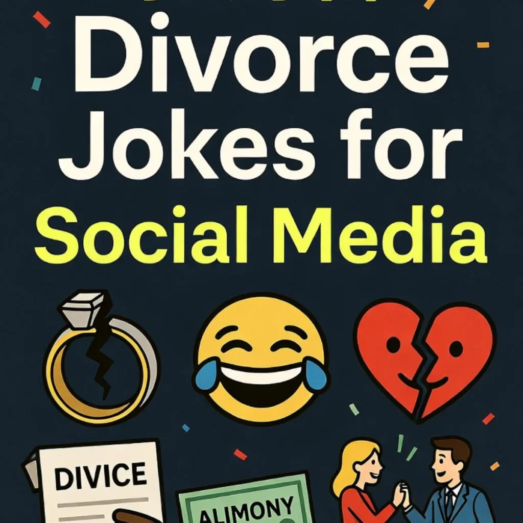 Funny divorce joke illustration featuring a divorced couple laughing with humorous speech bubbles and comedy-themed design.