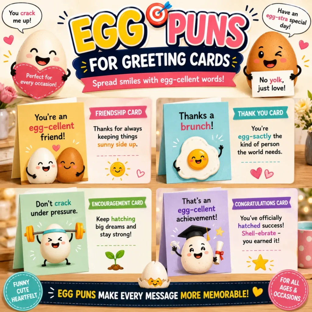 Cute cartoon egg characters on colorful greeting cards featuring funny egg puns, friendship, thank-you, encouragement, and congratulations messages in a cheerful square illustration.