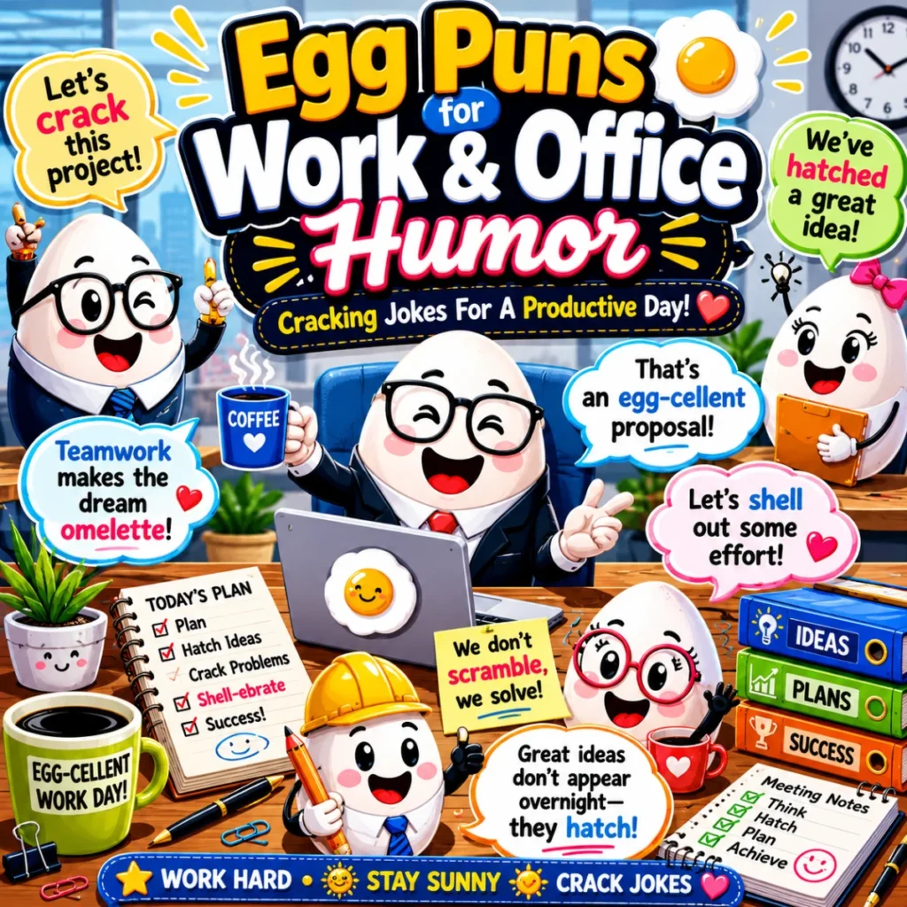 Colorful cartoon egg office workers sharing funny workplace egg puns in speech bubbles with laptops, coffee mugs, and office supplies in a cheerful square illustration.