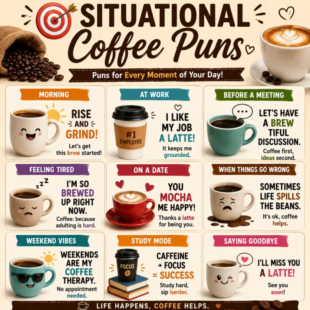 Square infographic featuring situational coffee puns with illustrated coffee cups and playful captions for mornings, work, meetings, dates, weekends, studying, and everyday life on a warm café-themed background.