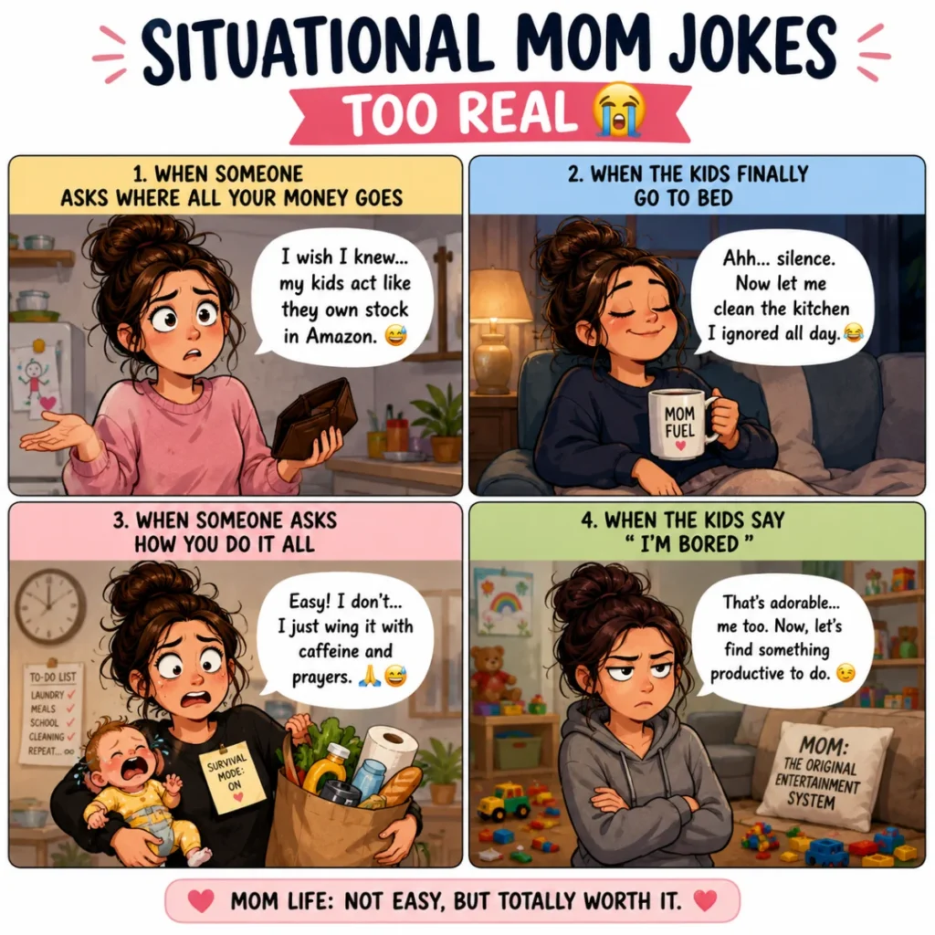 Four-panel comic infographic titled “Situational Mom Jokes Too Real” showing relatable mom life moments like budgeting stress, peace after kids go to bed, multitasking chaos, and dealing with bored children in a humorous cartoon style.