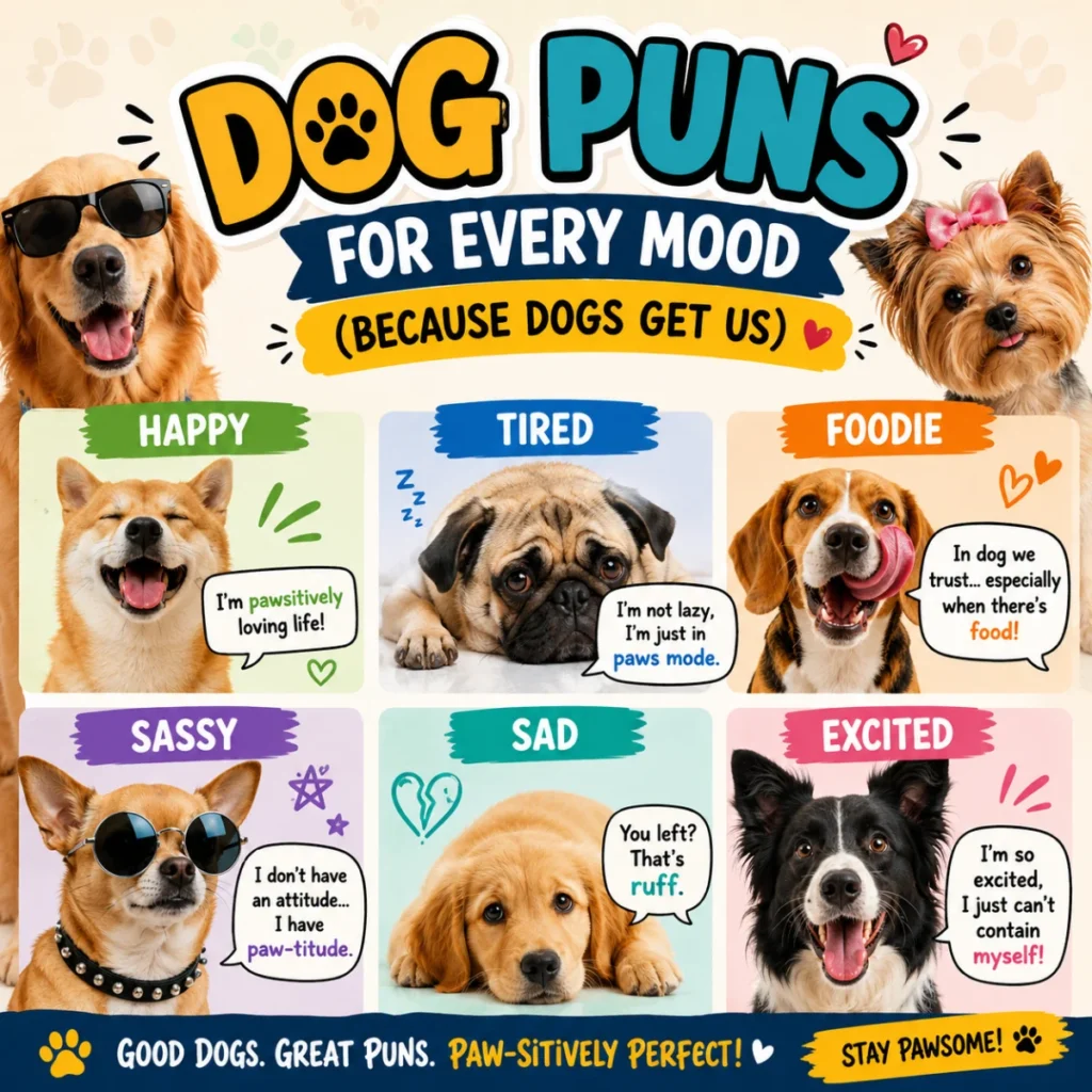Square 1200x1200 graphic featuring adorable dogs expressing different moods including happy, tired, foodie, sassy, sad, and excited, with funny dog puns and colorful cartoon-style text.