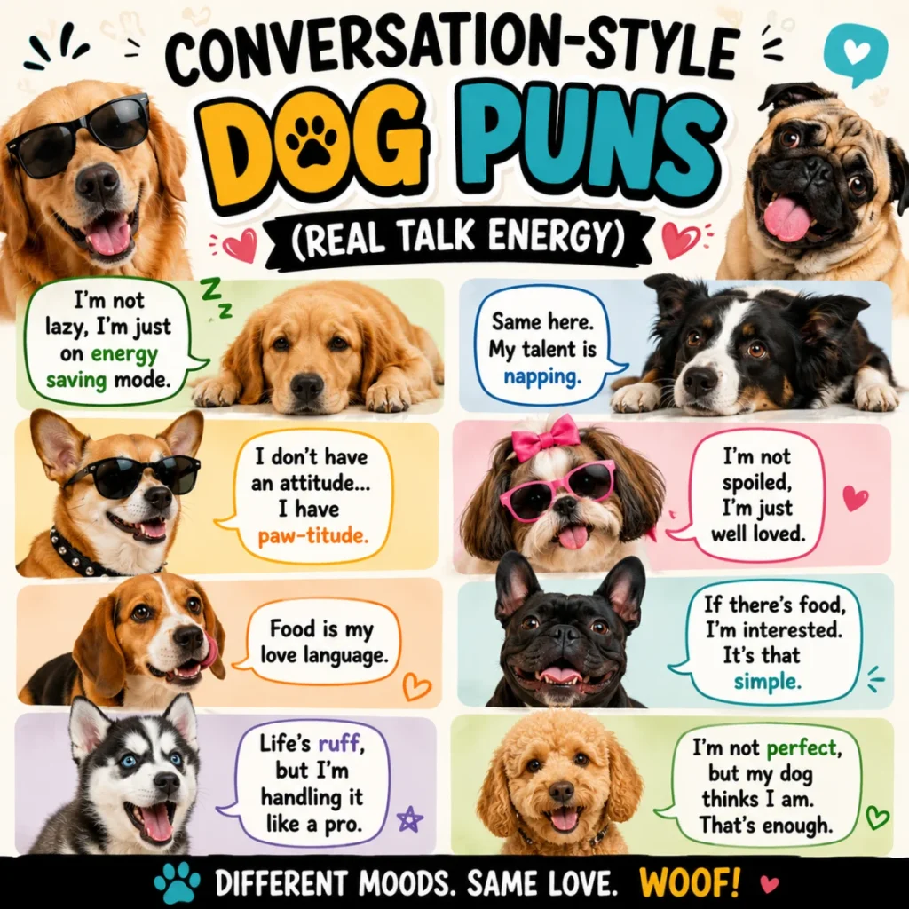 A colorful 1200x1200 square graphic featuring adorable dogs sharing funny conversation-style dog puns in speech bubbles, with playful typography and cheerful cartoon-inspired design elements.