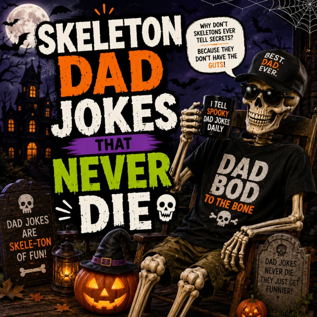 A square Halloween illustration featuring a cool skeleton dad wearing sunglasses and a "Best Dad Ever" cap, holding a coffee mug while sitting beside glowing jack-o'-lanterns, a haunted house, bats, and spooky typography reading "Skeleton Dad Jokes That Never Die."