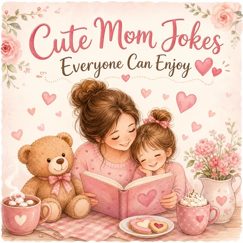 A heartwarming watercolor illustration of a mother and daughter cuddled together reading a pink book, surrounded by cozy elements like a teddy bear, hot cocoa, and pink hearts.