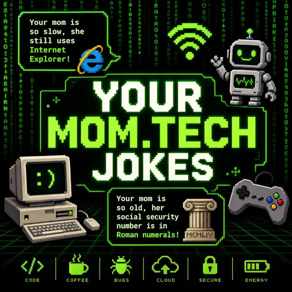 A humorous 1200x1200px banner with a retro pixel-art style, featuring the text "YOUR MOM.TECH JOKES" on a green matrix-code background. It includes pixelated icons of a vintage computer, Wi-Fi symbol, robot, and game controller, along with tech-related "Your Mom" jokes.