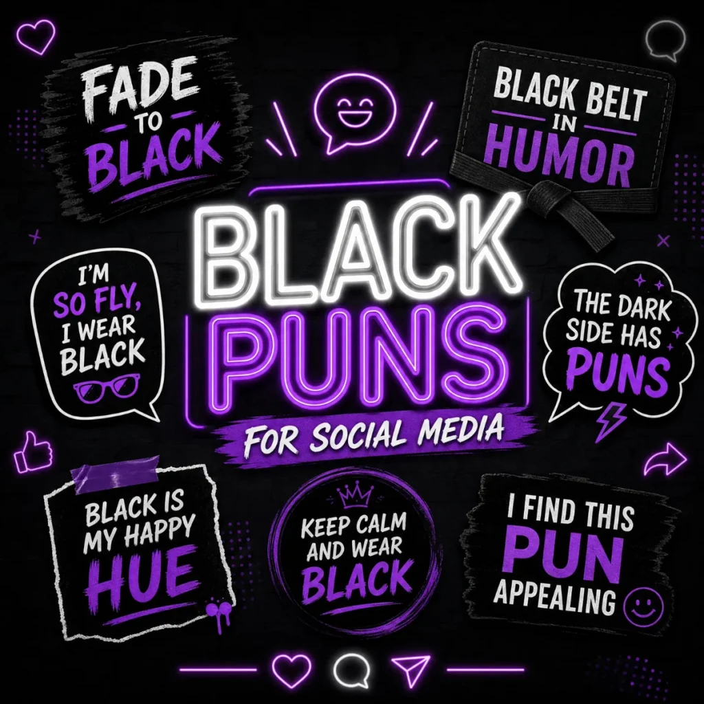 A vibrant 1200x1200px square social media banner with a dark charcoal background and neon purple and white typography. It features the title "Black Puns for Social Media" surrounded by various puns like "Fade to Black", "Black Belt in Humor", and "Black is my Happy Hue", along with glowing social media icons.