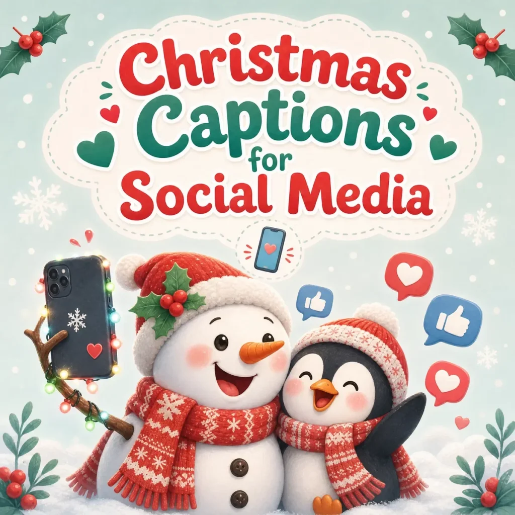 Funny Christmas-themed illustration with Santa Claus, reindeer, Christmas tree, gifts, and festive holiday jokes.