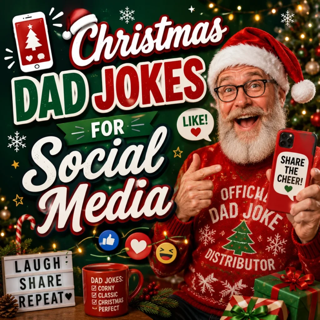 Happy Santa-style dad holding a smartphone with Christmas-themed social media graphics, festive decorations, holiday lights, and bold text reading “Christmas Dad Jokes for Social Media.”