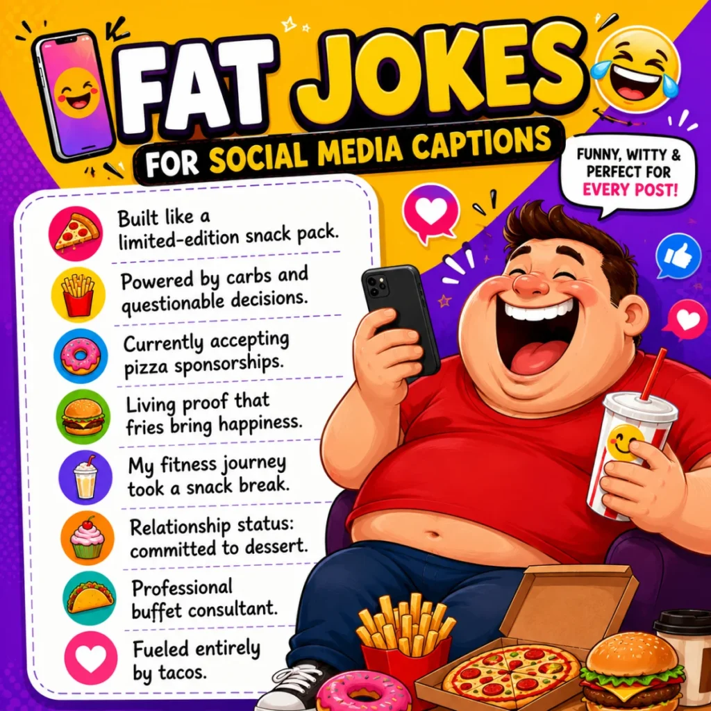Colorful square illustration featuring a laughing cartoon character holding a phone and soft drink, surrounded by funny fat joke captions, pizza, burgers, fries, and social media icons.