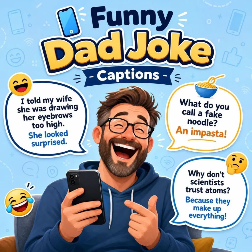 A colorful illustration featuring funny dad jokes and humorous family-friendly comedy quotes.
