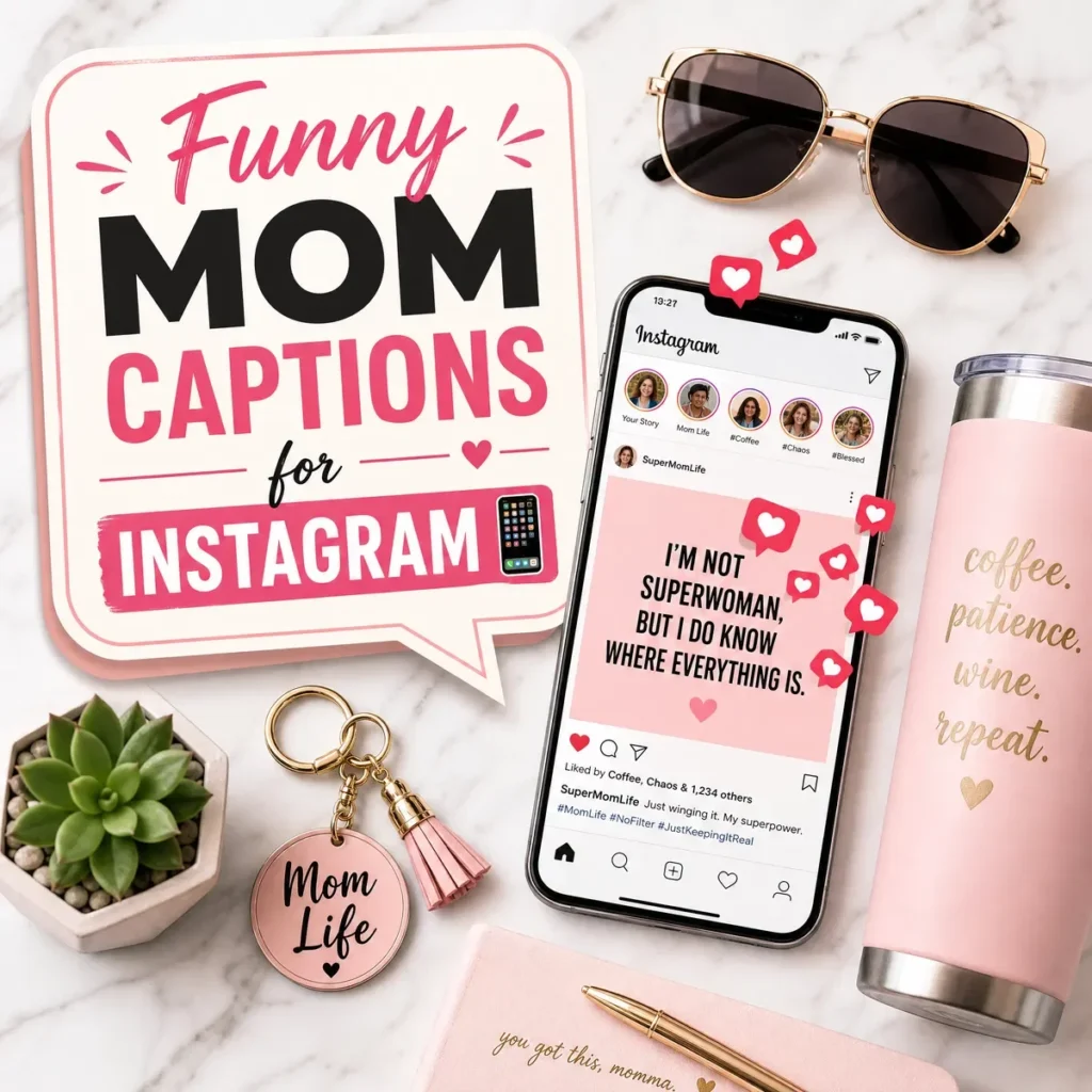 A trendy flat-lay of a smartphone displaying a funny mom joke on Instagram, surrounded by a pink tumbler, sunglasses, and a "Mom Life" keychain.