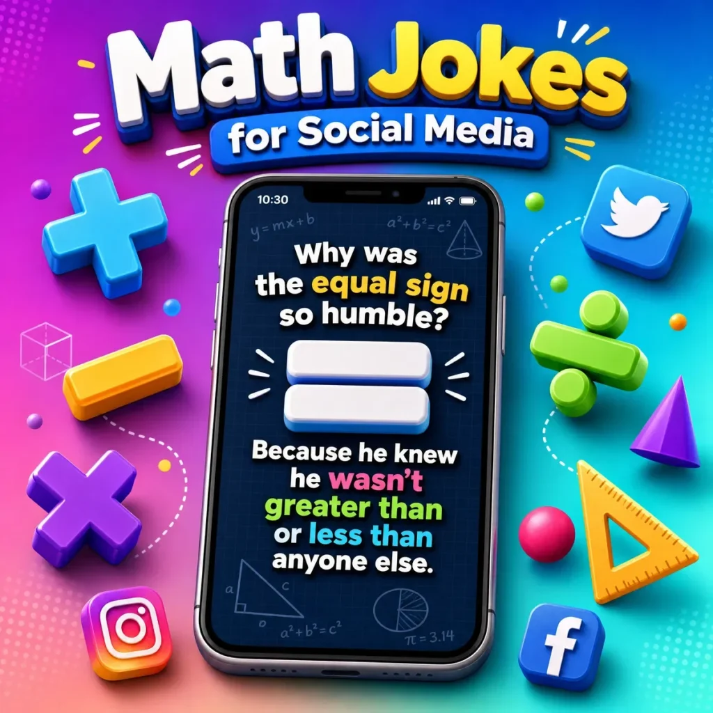 A vibrant 3D isometric social media banner featuring a smartphone displaying a math joke about an equal sign, surrounded by floating colorful math symbols and social media icons.