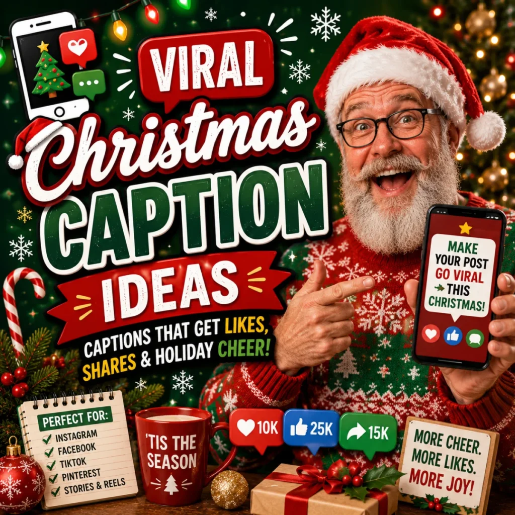 Festive Christmas social media graphic featuring a smiling Santa-style man holding a smartphone beside bold text reading “Viral Christmas Caption Ideas,” surrounded by holiday lights, ornaments, candy canes, gifts, and social media icons.