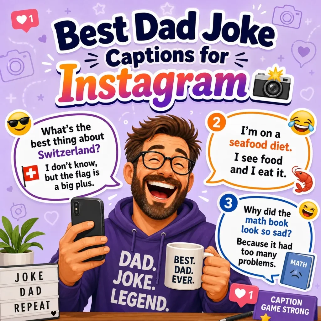 Collection of funny dad jokes presented in a colorful and engaging design for family-friendly entertainment.