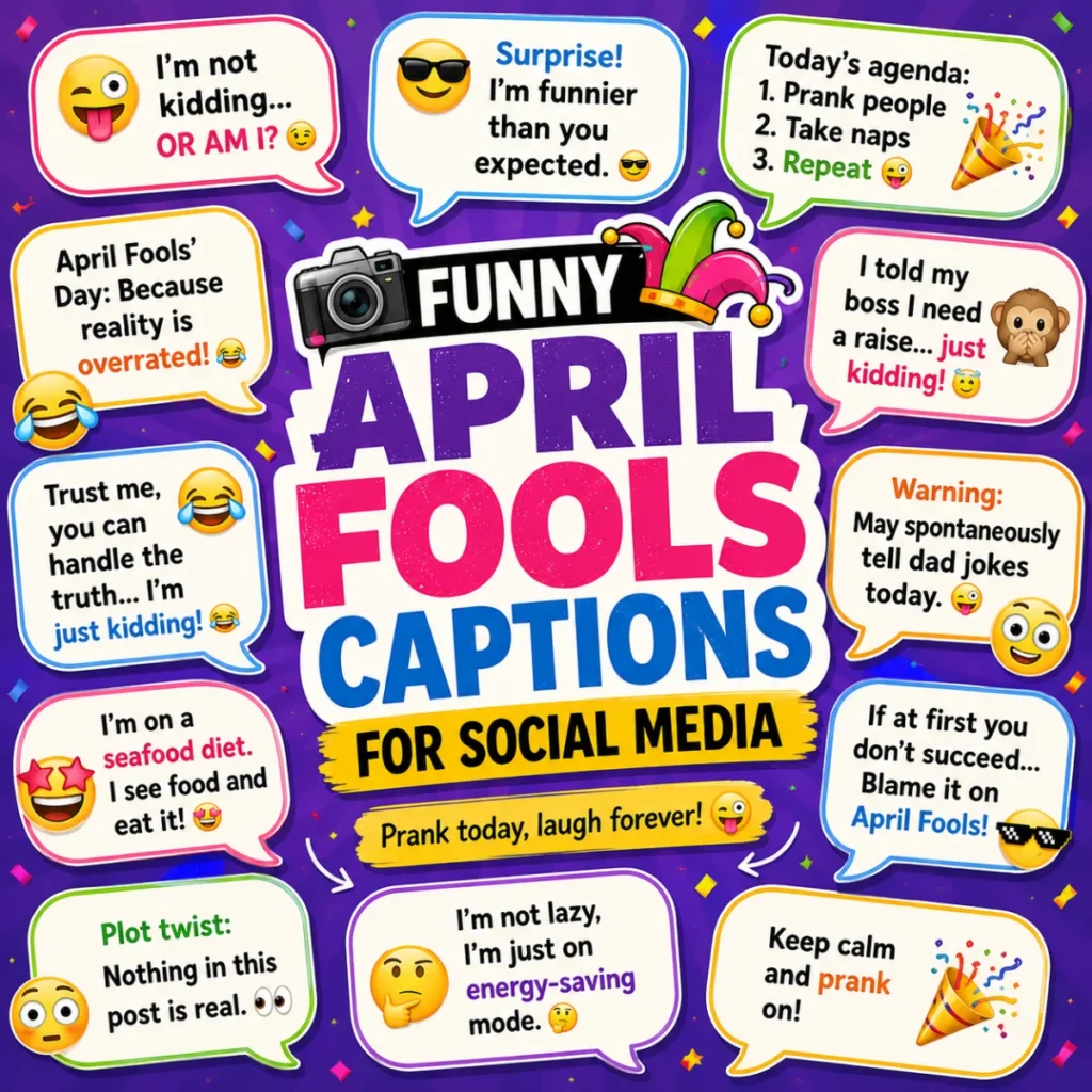 Bright square social media graphic featuring funny April Fools captions in speech bubbles, colorful emojis, prank-themed illustrations, and bold typography on a vibrant purple background.