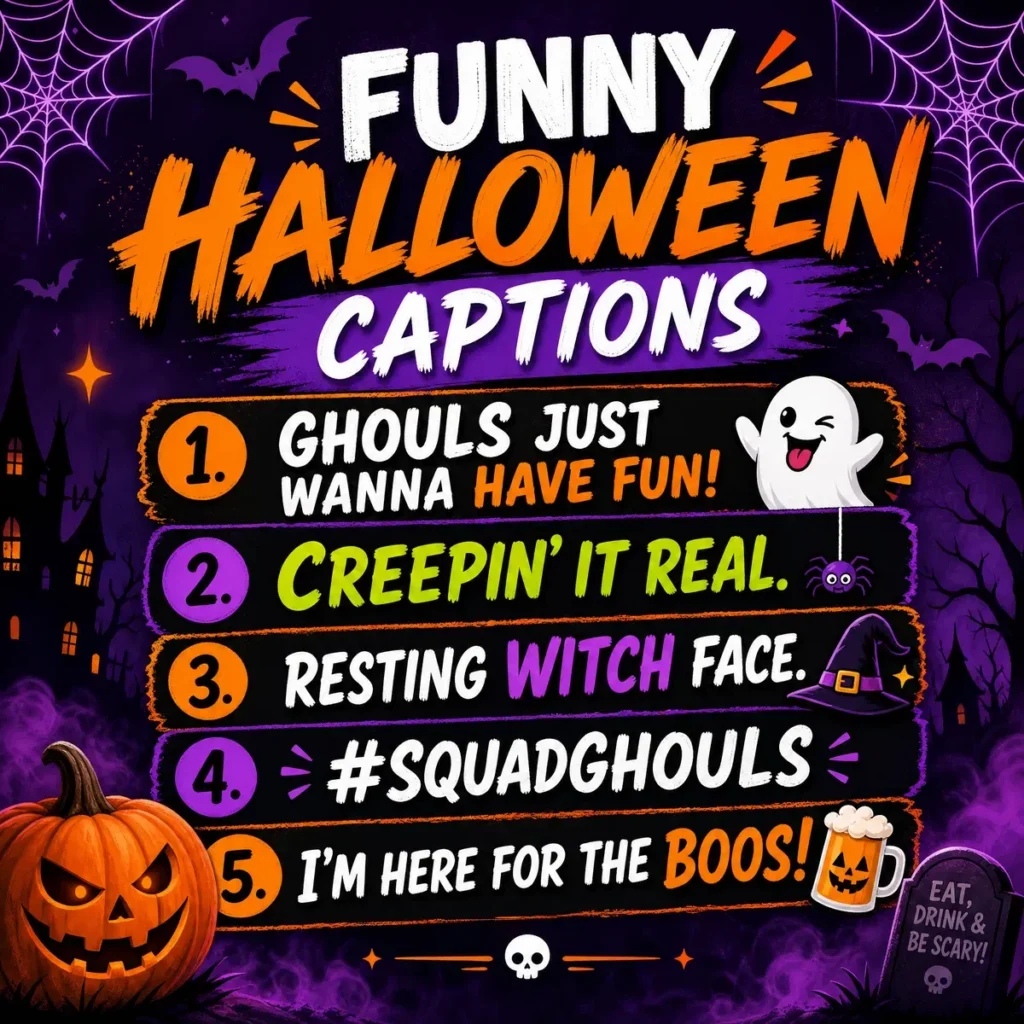 Colorful Halloween scene featuring smiling jack-o’-lanterns, friendly ghosts, witches, bats, and spooky decorations celebrating Halloween with humor and festive fun.