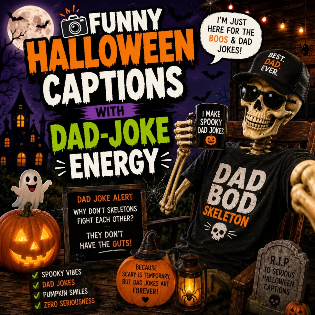 Square Halloween illustration featuring a skeleton dad taking a selfie while holding a mug, surrounded by glowing pumpkins, bats, ghosts, a haunted house, and bold text promoting funny Halloween captions with dad-joke energy.