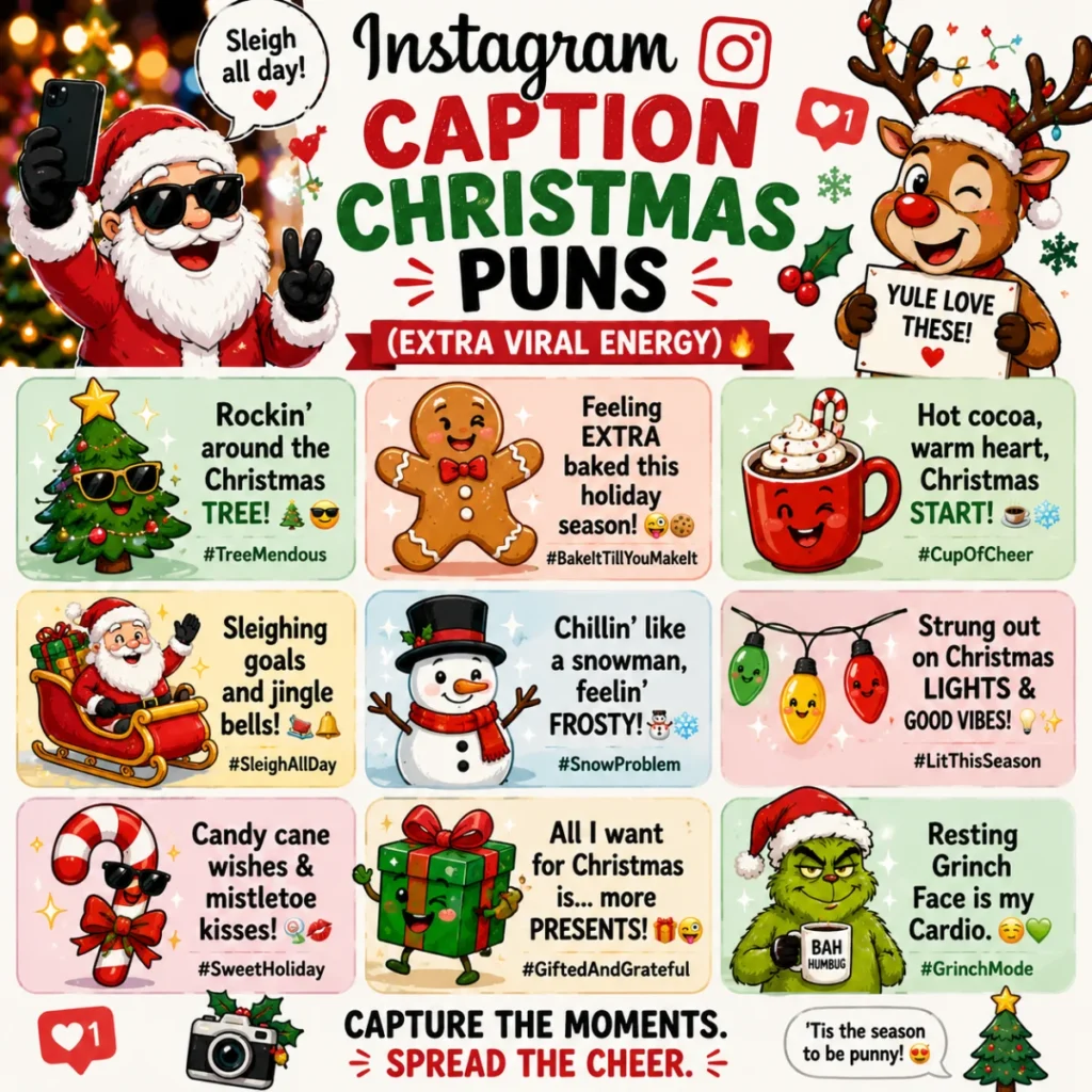 Colorful Christmas pun infographic featuring funny holiday wordplay, cartoon Santa, reindeer, elf, snowman, candy cane, hot cocoa, Christmas lights, presents, and festive characters with humorous Christmas jokes in a bright social-media-friendly design.