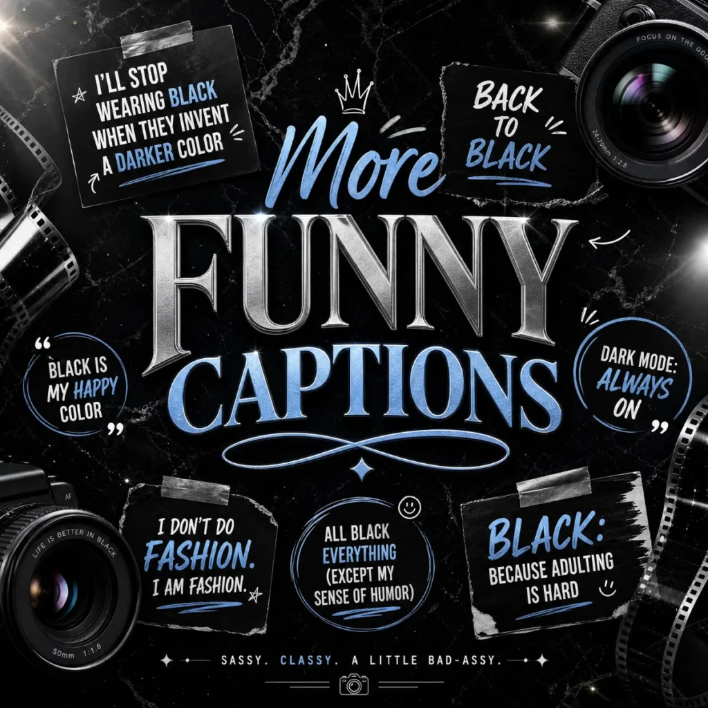 A premium 1200x1200px square banner with a black marble background and silver-blue typography. The central text reads "More Funny Captions," surrounded by camera lenses, film strips, and humorous quotes like "I'll stop wearing black when they invent a darker color" and "Dark mode: Always ON."