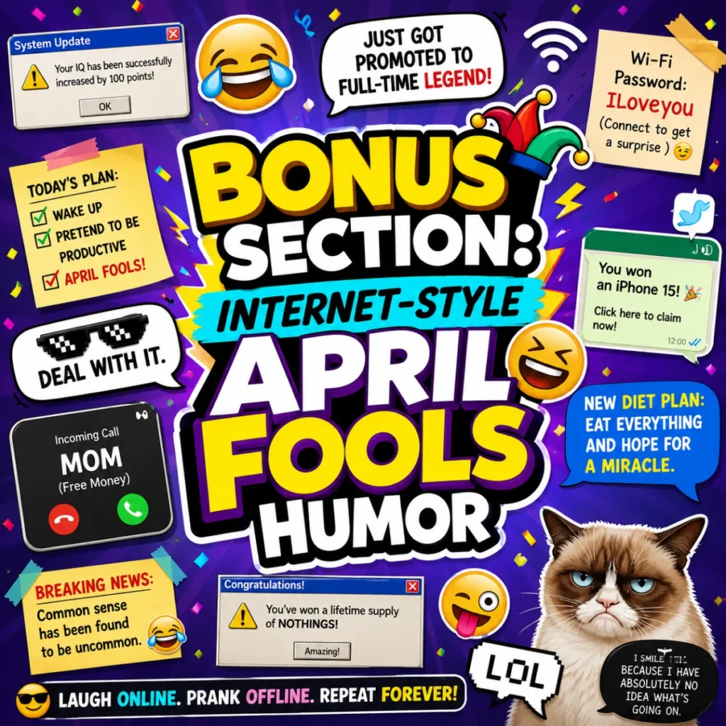 Square social media graphic featuring internet-style April Fools humor with funny memes, prank notifications, laughing emojis, viral joke references, and colorful comic-style text on a vibrant purple background.