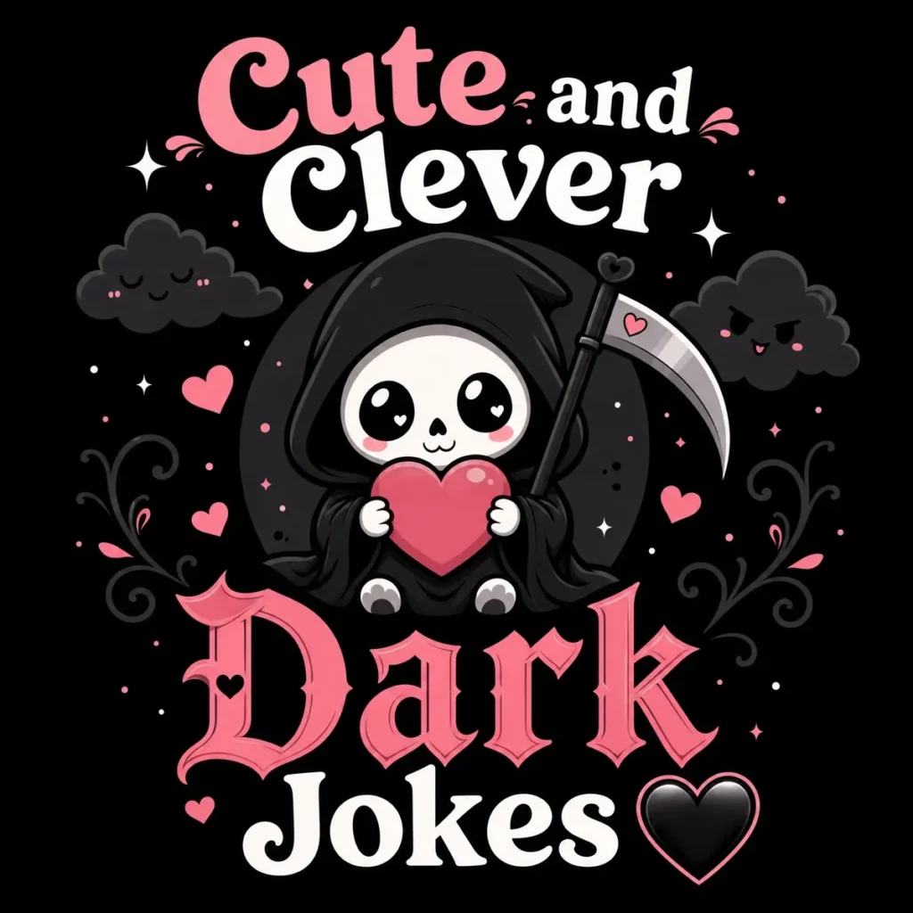 Colorful dark humor featured image with witty dark jokes text, laughing emoji, mischievous devil emoji, and modern comic-style graphics on a dark neon background.