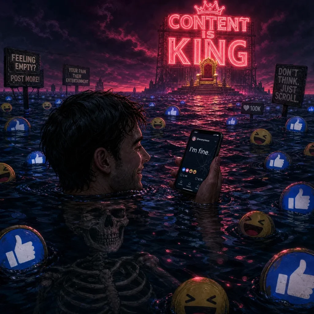 Colorful technology humor graphic featuring smartphones, laptops, Wi-Fi icons, software updates, notifications, and funny dark humor jokes about digital life.