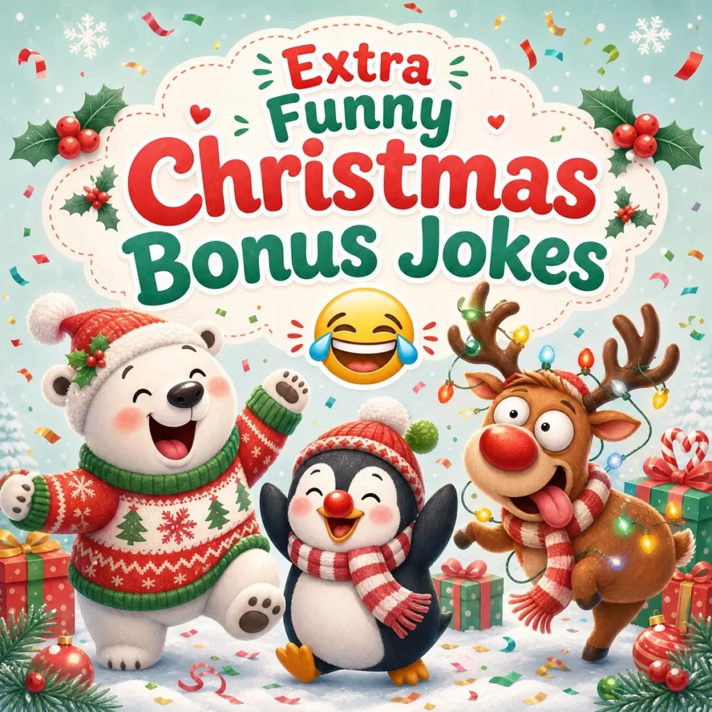 Cheerful Christmas scene featuring Santa Claus, reindeer, gifts, festive decorations, and humorous holiday jokes.