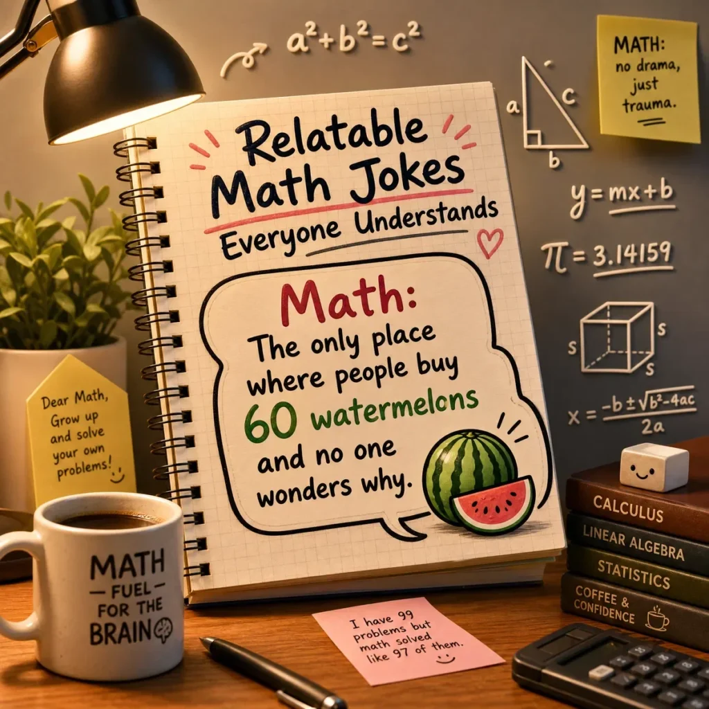 A detailed 3D illustration of a cozy study desk featuring an open notebook with a joke: "Math: The only place where people buy 60 watermelons and no one wonders why." The scene includes a coffee mug labeled "Math - Fuel for the Brain," a desk lamp, and several humorous sticky notes.