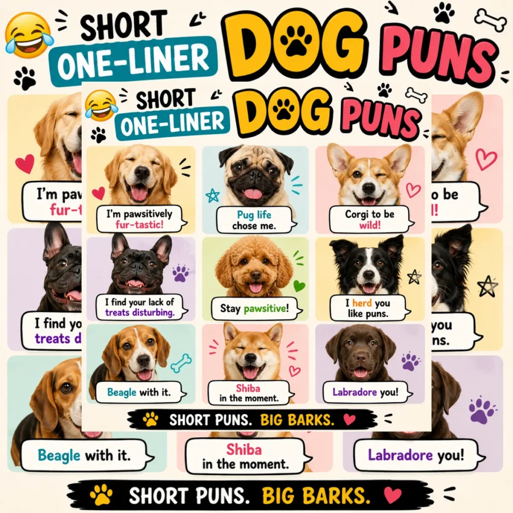 A colorful 1200x1200 square graphic featuring nine adorable dogs with funny one-liner dog puns in speech bubbles, surrounded by playful paw prints, hearts, and cartoon-style decorations.