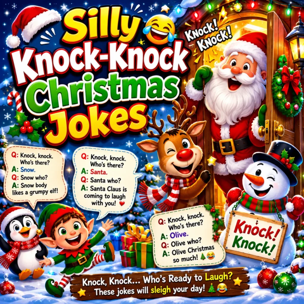Colorful Christmas cartoon featuring Santa Claus knocking on a festive door, a cheerful reindeer, smiling snowman, playful elf, and funny knock-knock Christmas jokes displayed in speech bubbles against a snowy holiday background.
