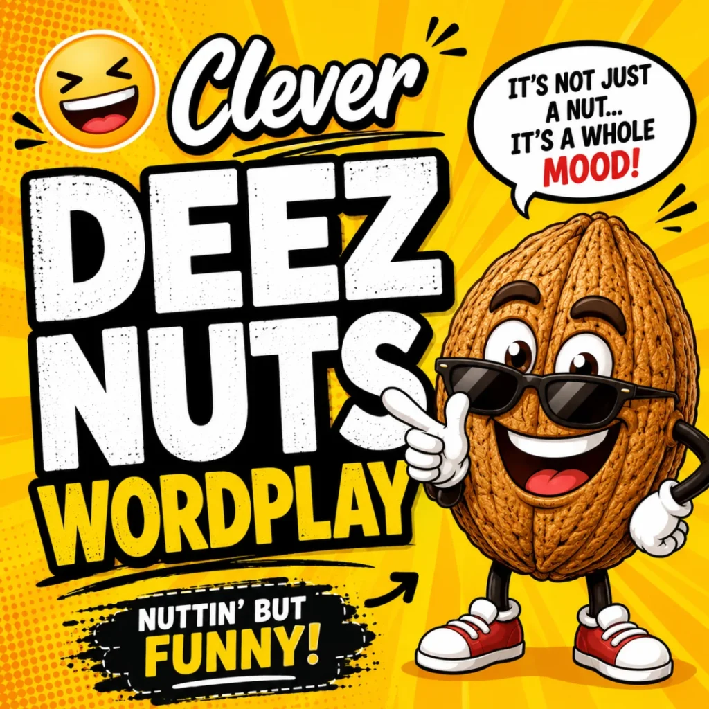Clever Deez Nuts Wordplay thumbnail featuring a cool cartoon walnut wearing sunglasses, bold comic-style text, bright yellow background, laughing emoji, and playful humor-themed graphics.