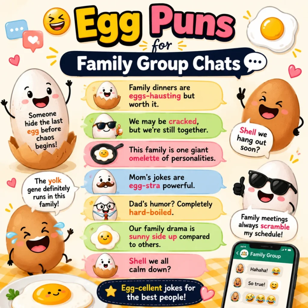 Cute cartoon eggs with funny expressions and family-themed speech bubbles featuring hilarious egg puns for family group chats in a colorful square illustration.