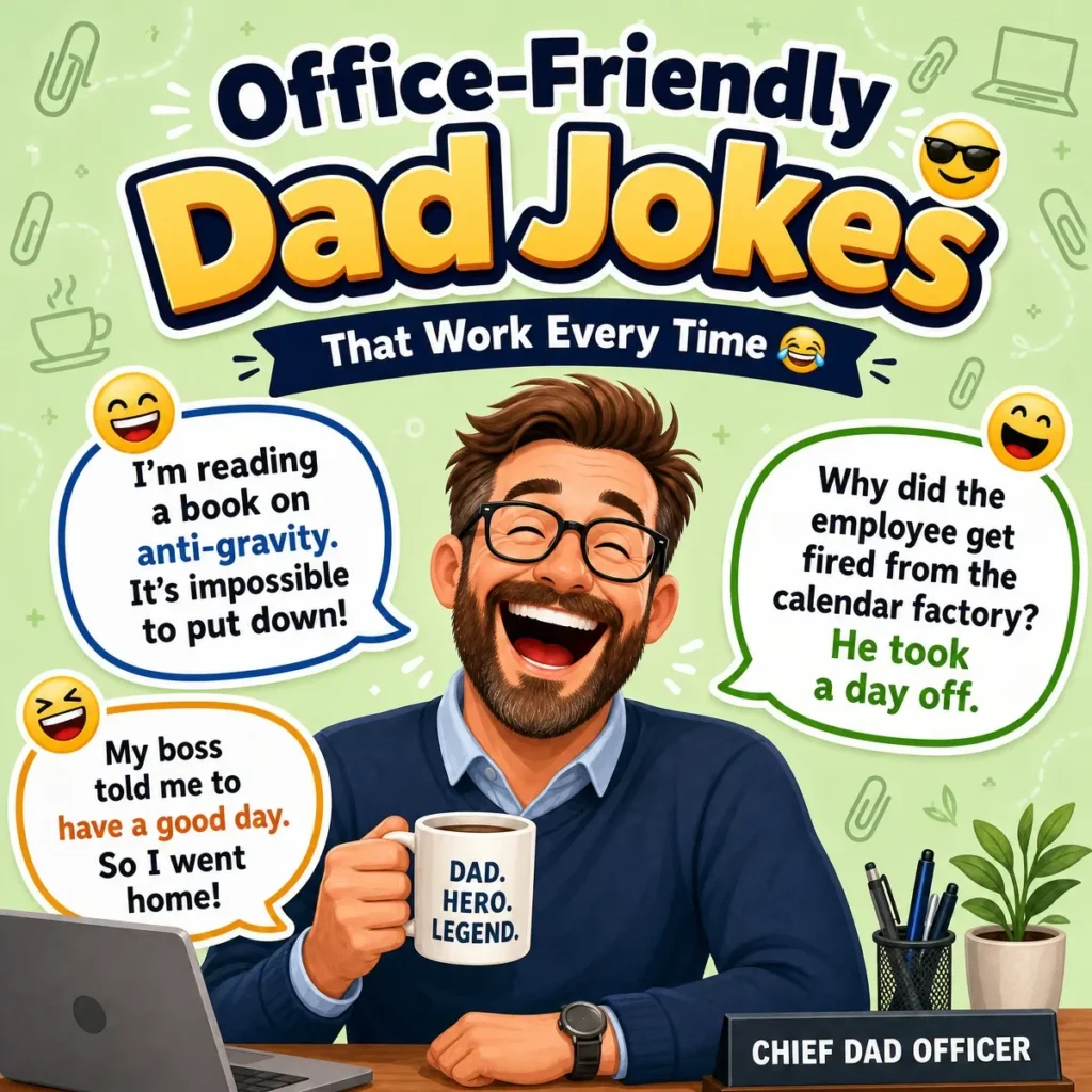 A colorful illustration featuring funny dad jokes and humorous family-friendly comedy quotes.