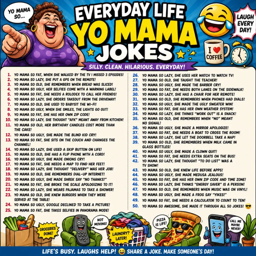 Colorful square comic-style image featuring Everyday Life Yo Mama Jokes, with laughing cartoon characters, funny emojis, household items, food illustrations, and a collection of clean daily-life-themed jokes.