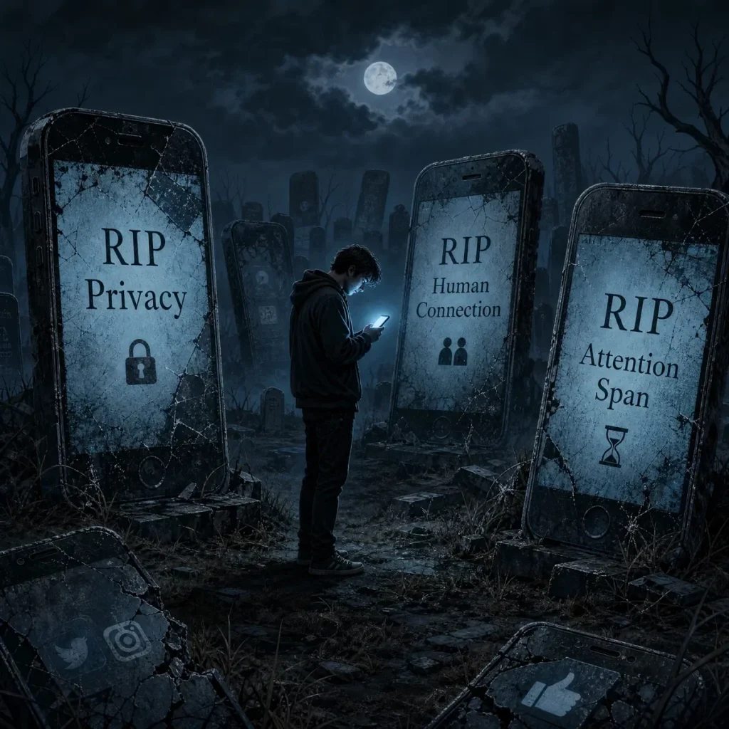 Humorous dark technology-themed graphic featuring funny jokes about smartphones, Wi-Fi, software updates, passwords, social media, and modern digital life in a colorful cartoon style.